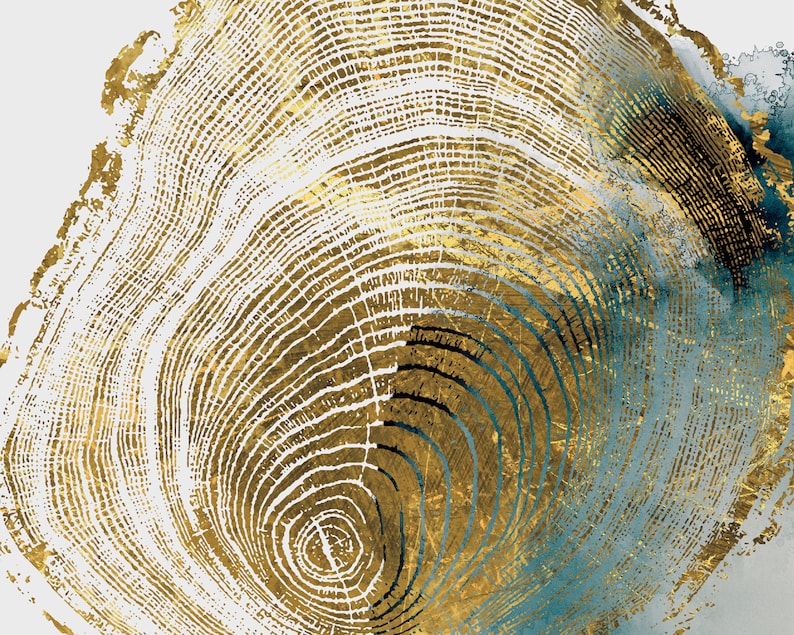 Puede incluir: Impresi&oacute;n art&iacute;stica abstracta con un patr&oacute;n de anillos de &aacute;rbol dorado y azul. Los anillos son c&iacute;rculos conc&eacute;ntricos sobre un fondo blanco.