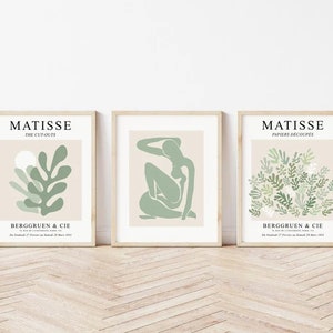 May include: Three framed art prints with a minimalist design featuring green cut-out shapes on a beige background. The prints are titled "Matisse: The Cut-Outs", "Matisse: Papiers Decoupes", and "Matisse: The Cut-Outs".