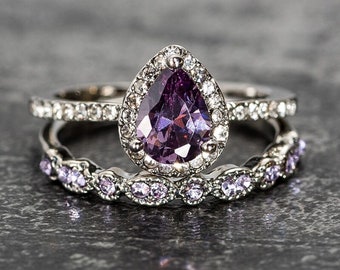 Pear shaped Amethyst Engagement Ring Silver Unique Amethyst Stone Engagement Ring Set For Women Wedding Bridal Promise Ring For Her