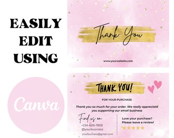 May include: Pink and gold thank you cards with the text "Thank You" and "Thank You!" with contact information and a request for a review. The cards are designed to be easily edited using Canva.