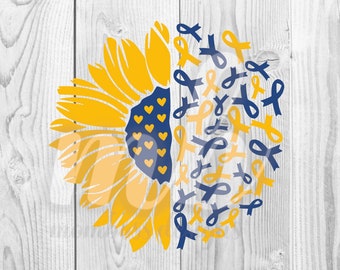 May include: A yellow sunflower with a blue and yellow ribbon design. The sunflower is half filled with blue and yellow ribbons and half filled with yellow petals. The ribbons are arranged in a circle around the sunflower.