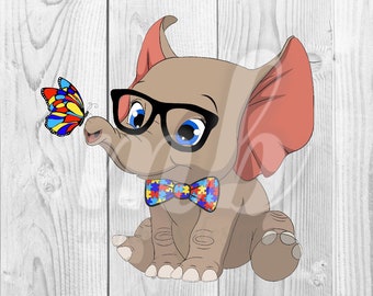 Autism Elephant (Bowtie) & Butterfly  - PNG  - DIGITAL