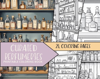 May include: A printable coloring book featuring 24 pages of illustrations of perfume bottles and shelves in a curated perfumery. The book is titled "Curated Perfumeries".