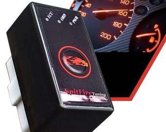 May include: A black electronic device with a red flame logo and the text "SpitFire Tuning". The device has three buttons labeled "ECU", "ORD", and "PMIR".