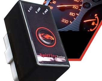 May include: A black electronic device with a red flame logo and the text "SpitFire Tuning". The device has three LEDs labeled "ECU", "OBD", and "PMIR".