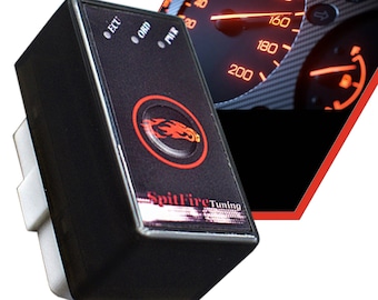 May include: A black electronic device with a red flame logo and the text "SpitFire Tuning". The device has three buttons labeled "ECU", "ORD", and "PMIR".