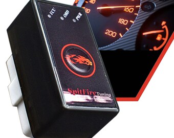 May include: A black electronic device with a red flame logo and the text "SpitFire Tuning". The device has three buttons labeled "ECU", "ORD", and "PMIR".