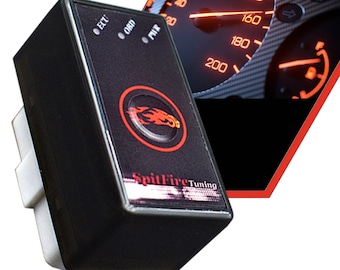 May include: A black electronic device with a red flame logo and the text "SpitFire Tuning". The device has three small lights labeled "ECU", "ORD", and "MIR".