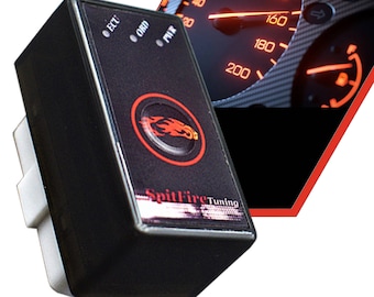 May include: A black electronic device with a red flame logo and the text "SpitFire Tuning". The device has three small lights labeled "ECU", "ORD", and "MIR".