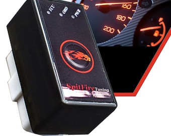 May include: A black electronic device with a red flame logo and the text "SpitFire Tuning". The device has three small lights labeled "ECU", "ORD", and "MIR".