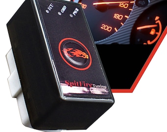 May include: A black electronic device with a red flame logo and the text "SpitFire Tuning". The device has three buttons labeled "ECU", "ORD", and "PMIR".