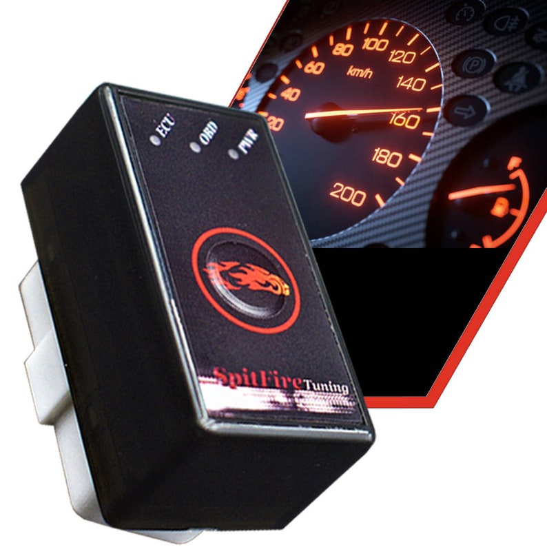May include: A black electronic device with a red flame logo and the text "SpitFire Tuning". The device has three buttons labeled "ECU", "ORD", and "PMIR".