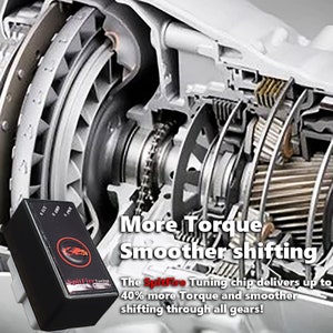 May include: A black tuning chip with a red logo and the text "Spitfire Tuning" on it. The chip is in front of a close-up image of a car transmission with gears. The text "More Torque Smoother shifting" is in white letters on a black background. The text below says "The Spitfire Tuning chip delivers up to 40% more Torque and smoother shifting through all gears!"