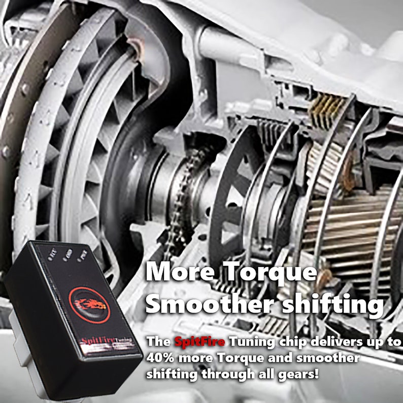 May include: A black tuning chip with a red logo and the text "Spitfire Tuning" on it. The chip is in front of a close-up image of a car transmission with gears. The text "More Torque Smoother shifting" is in white letters on a black background. The text below says "The Spitfire Tuning chip delivers up to 40% more Torque and smoother shifting through all gears!"