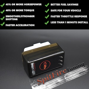 May include: A black electronic device with a red flame logo and the text "SpitFireTiming" on it. The device has three buttons labeled "ECU", "OBD", and "PUR".
