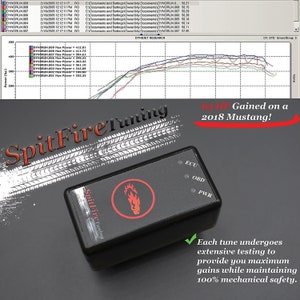 May include: A black device with a red flame logo and the text "SpitFire Tuning" on it. The device is connected to a computer and is used to tune car engines. The graph shows the results of a dyno test, with a gain of 63 horsepower. The text "63 HP Gained on a 2018 Mustang!" is written in red. The text "Each tune undergoes extensive testing to provide you maximum gains while maintaining 100% mechanical safety." is written in green.