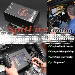 May include: A black device with the text "SpitFire Tuning" on it. The device is connected to a car engine and is being used to tune the engine. The text "Professional tunes. Competitive pricing. Lifetime Warranty. 30 Day trial." is displayed on the image.