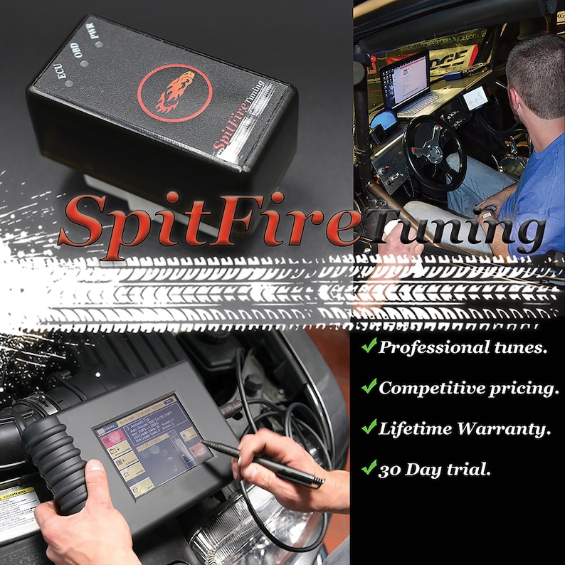 May include: A black device with the text "SpitFire Tuning" on it. The device is connected to a car engine and is being used to tune the engine. The text "Professional tunes. Competitive pricing. Lifetime Warranty. 30 Day trial." is displayed on the image.