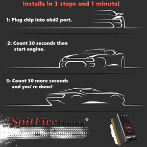 May include: A black and white illustration of a car with the text "Installs in 3 steps and 1 minute!"  The text below the car reads "1: Plug chip into obd2 port."  "2: Count 30 seconds then start engine."  "3: Count 30 more seconds and you're done!"  The text at the bottom of the image reads "SpitFire Tuning".