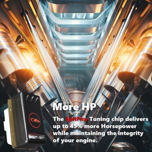 May include: A black car performance tuning chip with a red car logo and the text "SpitFire Tuning" on it. The chip is in front of a close-up image of a car engine. The text "More HP" is in large letters above the chip. The text below the chip reads "The SpitFire Tuning chip delivers up to 45% more Horsepower while maintaining the integrity of your engine."