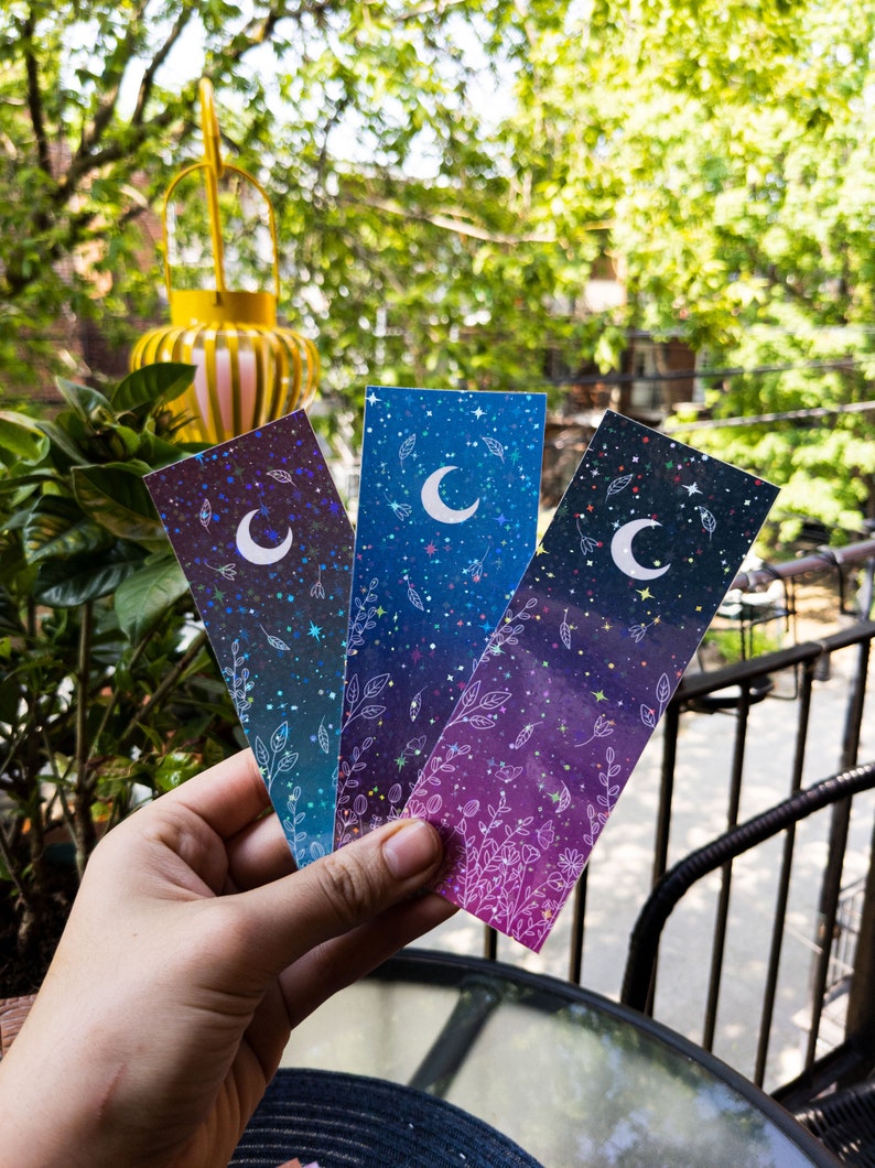 Holographic Bookmarks Flowers and Moon Magical Bookmarks Etsy