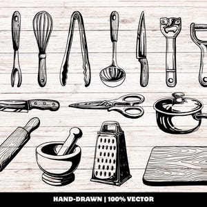 Könnte beinhalten: Schwarz-Weiß-Illustration verschiedener Küchenutensilien, darunter Pfannenwender, Gabel, Schneebesen, Zange, Schöpflöffel, Messer, Flaschenöffner, Sparschäler, Schere, Topf, Nudelholz, Mörser und Stößel, Reibe und Schneidebrett. Text: "HAND-DRAWN | 100% VECTOR".