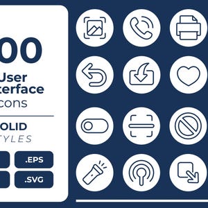 May include: A graphic with the text "100 User Interface Icons" and various circular icons. The icons are white on a dark blue background. The image also includes file type icons such as .AI, .EPS, .PNG, and .SVG.