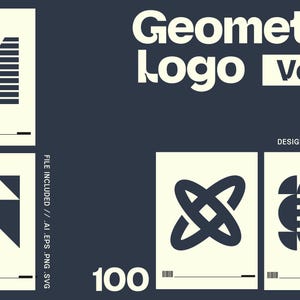 Puede incluir: Diseño de Logotipo Geométrico Vol. 5 con cuatro ejemplos de logotipos minimalistas en negro sobre fondos blanquecinos. El texto "Geometric Logo Vol. 5" se muestra en blanco. El fondo es azul oscuro.