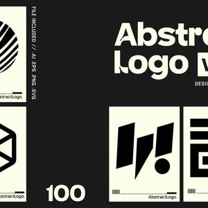 Puede incluir: Colección de diseños de logotipos abstractos en blanco y negro, que incluyen formas geométricas y un círculo a rayas. El texto "Abstract Logo Vol. 9" se muestra en negrita. La imagen también incluye el texto "FILE INCLUDED // .AI .EPS .PNG .SVG" y "DESIGNED BY // TEKUNI".