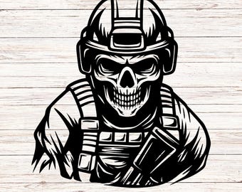 Soldado con calavera militar SVG: Clipart vectorial de esqueleto táctico (descarga digital)