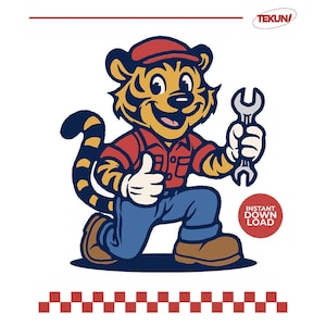 Mascote Tigre Mecânico Retro SVG, Personagem Animal de Desenho Animado Vintage para Reparo em Camiseta, Adesivo, Design de Logotipo