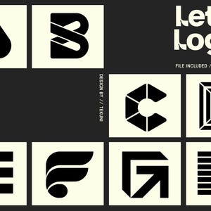 May include: A collection of black letter logos, including A, B, C, D, E, F, G, and H, on a cream background. The words "Letter Logos" are displayed in white, along with file type information. The design is by // TEKUNI.