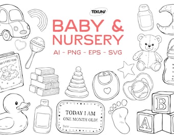 May include: Black and white line art illustrations of baby and nursery items, including a car, rainbow, book, rattle, blocks, duck, bib, bottle, teddy bear, pacifier, and a sign that says "Today I am one month old!"