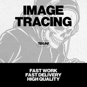Könnte beinhalten: Graustufen-Grafik mit einem Schädel mit Kopfhörern, den Worten "IMAGE TRACING" in fetten schwarzen Buchstaben und dem Text "TEKUN" in einem kreisförmigen Logo. Darunter stehen die Worte "FAST WORK, FAST DELIVERY, HIGH QUALITY" in Weiß auf schwarzem Hintergrund.