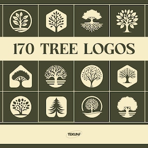 Può includere: Una collezione di 170 loghi di alberi in vari stili, visualizzati su uno sfondo verde scuro. I loghi presentano diversi design di alberi all'interno di cerchi, esagoni e altre forme. Il testo "170 TREE LOGOS" è ben visibile.