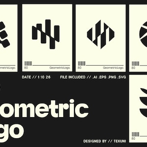May include: Six minimalist geometric logo designs in black on a cream background. The image includes the text "80 Geometric Logo" and file type information. The design is by Tekuni.