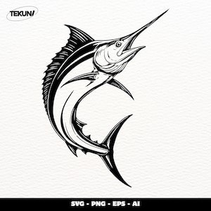 May include: A black and white graphic illustration of a marlin fish leaping, featuring detailed line work and shading. The text TEKUN is visible in the top left corner, and the text SVG - PNG - EPS - AI is centered at the bottom.