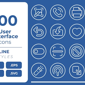 May include: A blue graphic with the text "100 User Interface Icons" and various line-style icons. The icons are white and include symbols for a camera, phone, and printer. File types .AI, .EPS, .PNG, and .SVG are also listed.