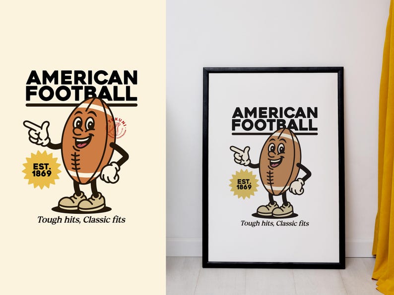 May include: A black framed poster with a cartoon illustration of an American football with a smiling face. The text "AMERICAN FOOTBALL" is above the football and "EST. 1869" is below the football. The text "Tough hits, Classic fits" is at the bottom of the poster.