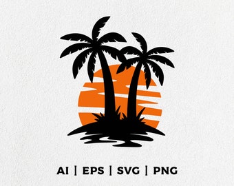 Palma SVG, tramonto svg, spiaggia, vettore estivo, download immediato