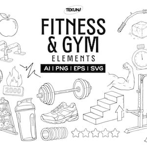 Może przedstawiać: Czarno-białe ilustracje elementów fitness i siłowni, w tym hantle, kettlebells, but do biegania, butelka na wodę i stojak na ciężary. Obraz zawiera również tekst "FITNESS & GYM ELEMENTS".