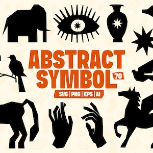 May include: A collection of black abstract symbols, such as a bird, elephant, eye, vase, star, dolphin, plant, bird on a branch, horse, hands, and pegasus. The words "ABSTRACT SYMBOL 70" are in orange. Includes "SVG | PNG | EPS | AI".