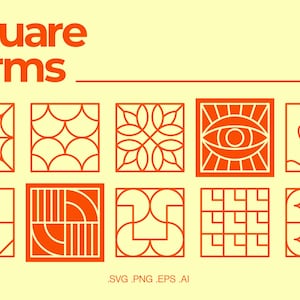 Pode incluir: Desenhos quadrados geométricos laranja sobre um fundo amarelo claro. O texto "Square forms" está no topo, com "90 shapes" e informações sobre o tipo de arquivo na parte inferior. Os desenhos incluem uma teia de aranha, um olho e outras formas abstratas.