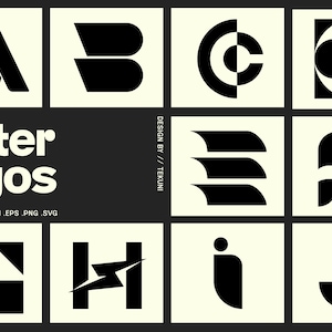 May include: A collection of black and white letter logos, including the letters A through J, displayed on a cream-colored background. The words "Letter Logos" are in white, along with file type information. The design is by Tekuni.