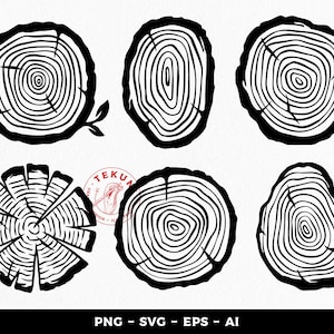 May include: Set of six black and white vector illustrations of tree rings. The illustrations are in a circular shape and feature concentric circles that represent the growth rings of a tree.
