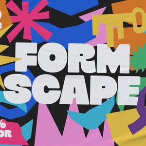 May include: A vibrant abstract design with the words "FORM SCAPE" in bold white letters. The image incorporates various colourful shapes, such as a key and starburst, and text reading "100 ITEMS" and "100% VECTOR" on a black backdrop.