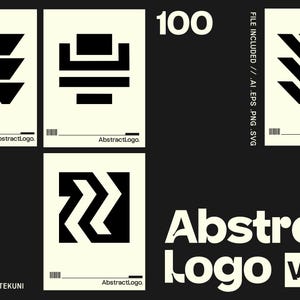 Könnte beinhalten: Eine Sammlung abstrakter Logo-Designs in Schwarz und Off-White, mit geometrischen Formen und Mustern. Das Design enthält den Text "Abstract Logo Vol. 13" und "100". Die enthaltenen Dateiformate sind .AI, .EPS, .PNG und .SVG.