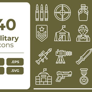 May include: An image with 40 military icons in white on an olive green background. The icons include bullets, a target, a canteen, a telescope, a military badge, a tent, a soldier, a jeep, a rocket launcher, a machine gun, a knife, a watchtower, a building, a pistol, a medal, and a beret.
