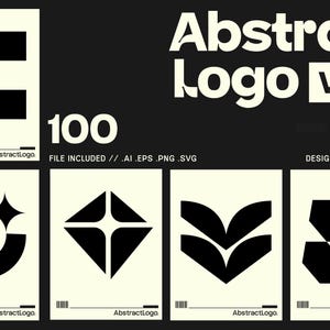 May include: A collection of six posters with abstract black and white logo designs. The posters are on a cream background with the text "Abstract Logo Vol. 2" and "100 FILE INCLUDED". The designer's name is also included.