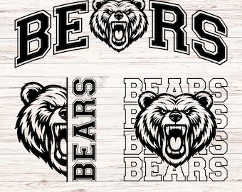 May include: Black and white graphic design featuring the word "BEARS" with a roaring bear head. The design includes multiple variations of the bear head and text, suitable for apparel or team logos. The bottom of the image includes the text "SVG - PNG - EPS - AI".